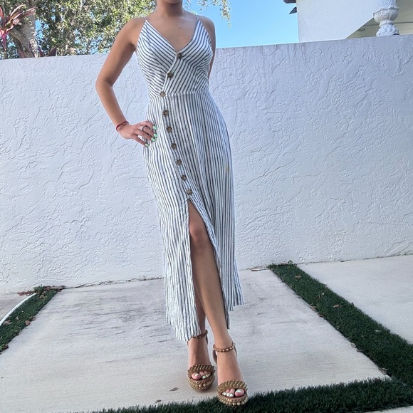 Urban Outfitters - S - button vneck midi maxi dress striped bodycon linen dress - Picture 2 of 2